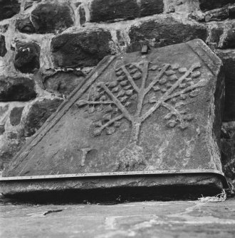 Detail of dislodged stone with tree carving.