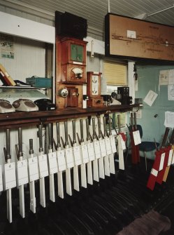 View of interior of signal box showing signal levers.