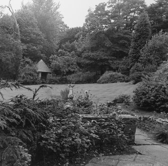 View of garden with pavilion.