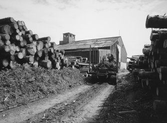 View from WSW showing sawmill/boathouse and stored logs.