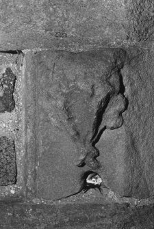 Interior.
First floor, stair, detail of craved lamp bracket.