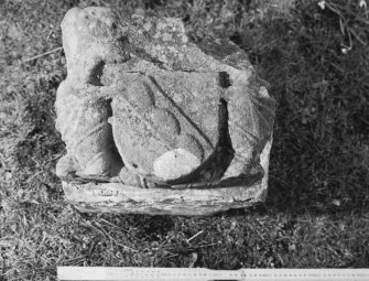 Detail of masonry fragment with carved heraldic device.