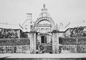 View of wrought iron gateway.