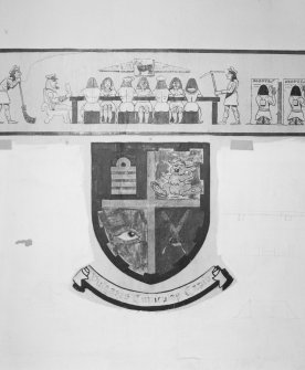 Donibristle airfield, former officers' mess, detail of imitation cartoon armorial panel with part of dado frieze above.