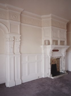 First floor, South West room, wall, decorative plaster-work and chimney-piece, detail