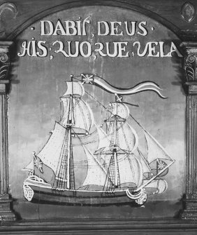 Painted panel on east gallery front showing a ship under sail with an inscription above