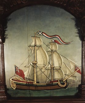 Painted panel on east gallery front showing a ship under sail