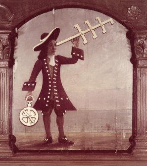 Painted panel on south gallery front showing a mariner with an astrolabe and cross-staff