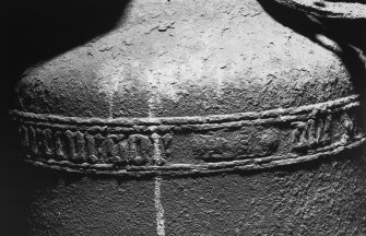 Interior -  steeple, belfry, late medieval bell, detail of inscription band