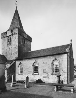 View from south west of Tower, Church hall and churchyard