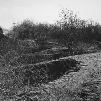 Cults Hill Limestone Quarry, view from W of a series (or bank) of clamp-kilns for lime burning to S of public road.