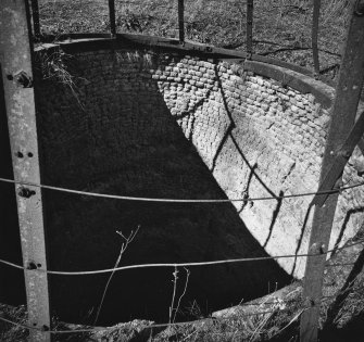 Cults Lime Works/Cults Hill Limestone Quarry.  View looking into top of stone built kiln showing brick lining to kiln.