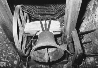 Interior, belfry, detail of bell and mounting