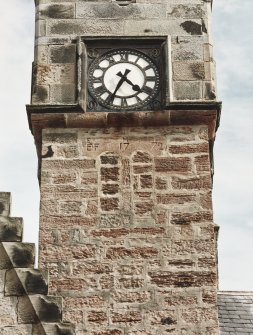 Tower, north west elevation, detail of blocked window with 1722 datestone lintel