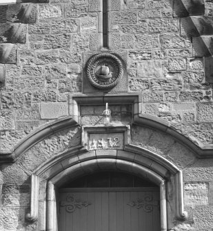 Main entrance, detail of datestone above doorway, '1872'.