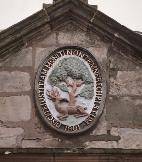 North facade, pediment, detail of 1801 heraldic plaque