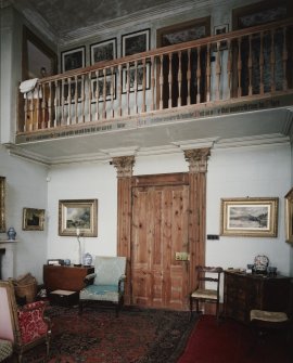Interior. Ground floor. Hall. showing gallery with inscription " FEAR GOD AND HONOUR THE KING AND MEDDLE NOT WITH THEM THAT ARE GIVEN TO CHANGE ALSO A BIRD THAT WANDERETH FROM HER NEST SO IS HE THAT WANDERETH FROM HIS PLACE"