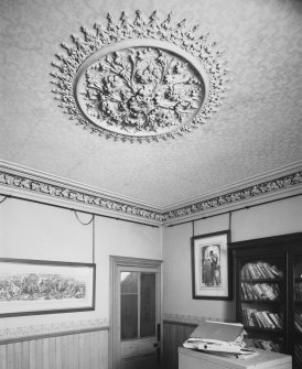 Detail of ceiling rose and cornice in manger's office.