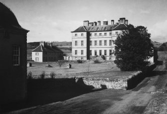 View of south front and pavilions with west gazebo in foreground