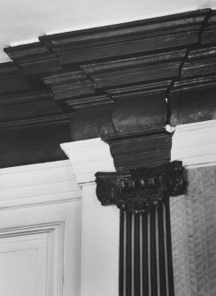 Interior - ground floor, east wing, south apartment (dining room), Ionic capital and ceiling entablature surmounting overmantel