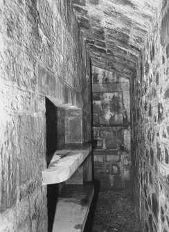 Basement, coldstore, detail of shelving surrounding inner chamber