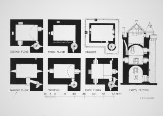 Photographic copy of original drawing showing Plans - ground, entresol, 1st, 2nd, 3rd and parapet floor.  Cross section.