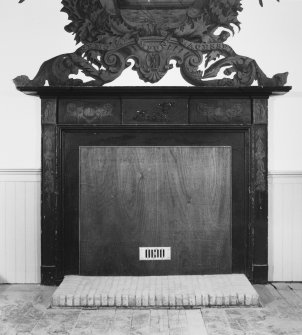 1821 addition (Town Hall), first floor, main hall, detail of fireplace below heraldic wall 
painting