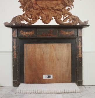 1821 addition (Town Hall), first floor, main hall, detail of fireplace below heraldic wall 
painting