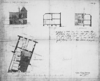 Photographic copy of mechanical copy of a drawing showing elevation to Links, two sections and ground floor plan.