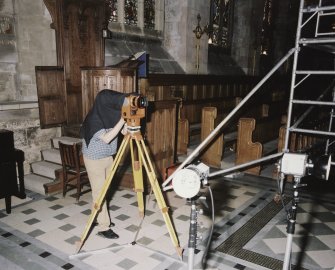 Interior. Nick Beckett (English Heritage) using photogrammetric camera to record Kennedy monument