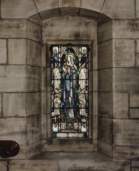 All Saints Episcopal Church, interior.  Detail of stained glass window, South wall.