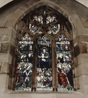 All Saints Episcopal Church, interior.  Detail of stained glass window, North wall.