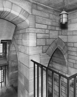 All Saints Episcopal Church, interior.  Staircase to vestry, view from North West.