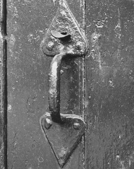 Detail of door latch on East door of West outhouse.