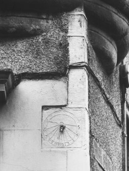Detail of angle sundial below turret on S-E corner of 1 High Shore and Carmelite Street..