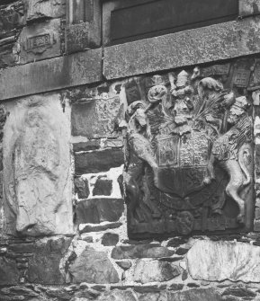 Detail of carved fragments built into North gable wall of 30 Low Street.