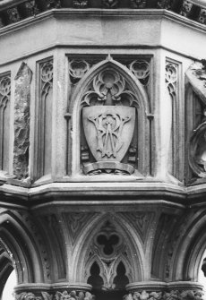 Detail of plaque showing entwined initials 'W.B.' of Mr Walter Biggar.