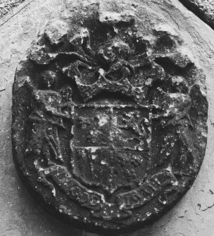 View of armorial panel on West wall of mausoleum.