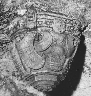 Detail of vaulting corbel from N, on second floor S window.