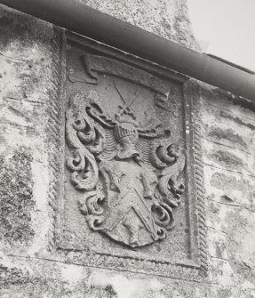 Detail of armorial panel built into Pitullie Mains in East gable of North range.
