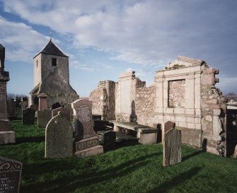 Tower and remains of church, view from south east