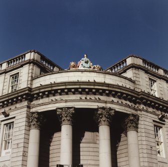 Aberdeen, 5 Castle Street, Clydesdale Bank.
General view of column heads and statue above entrance from South-East.