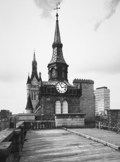 Aberdeen, Castle Street, Municipal Buildings, Tolbooth Tower.
General view of tower to East, from Roof of 5 Castle Street, showing Townhouse Clocktower.
