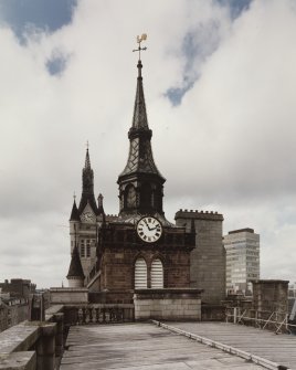 Aberdeen, Castle Street, Municipal Buildings, Tolbooth Tower.
General view of tower to East, from Roof of 5 Castle Street, showing Townhouse Clocktower.