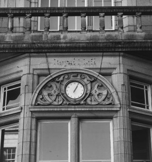 Crown Street, N entrance, pediment and clock, detail