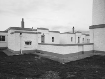 Aberdeen, Greyhope Road, Girdleness Lighthouse.
View of keepers' houses from South-East with base of lighthouse tower (right) and small store (centre left), dated 6 May 1992.