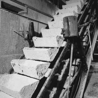 Aberdeen, Links Road, Sandilands Chemical Works, interior.
View of bucket elevator carrying superphosphate off conveyor belt beneath dens.