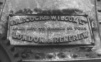 Aberdeen, Station.
Detail of maker's plate on crane in railway goods yard.
Insc: 'Babcock & Wilcox Ltd. London & Renfrew. Load Not To Exceed 20 Tons'.