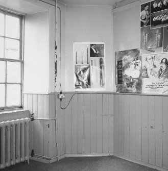Interior. Detail of wood panelling in music room.