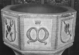 Font from Kinkell Old Parish Church now in St John's Episcopal Church, Aberdeen.
Detail of panel displaying the initial M, surmounted by a crown.